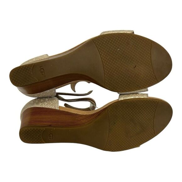 UGG Womens Size 9 Char Leather Ankle Strap Kitten Wedges in Gold - Picture 7 of 8